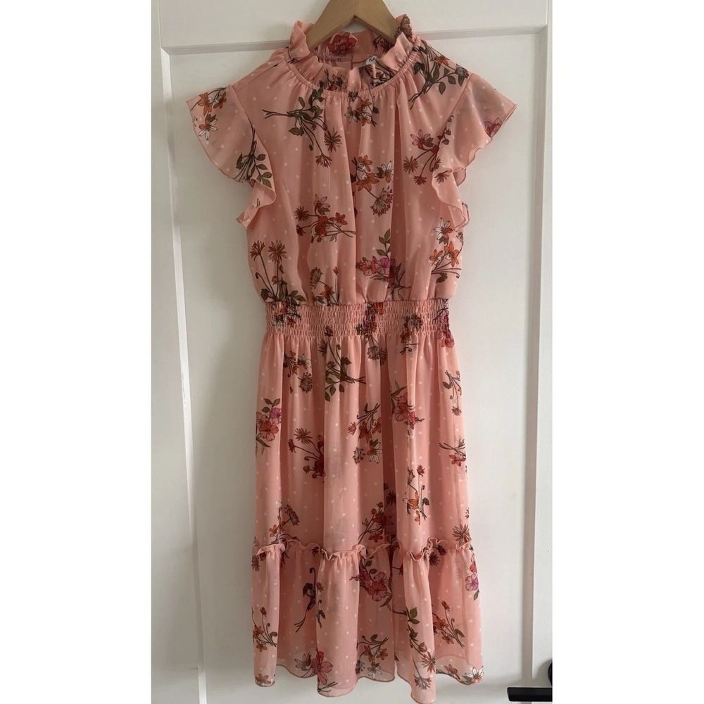 Kate • Lily Cottagecore Pink Floral Midi Dress 6 Ruffle Neck Flutter Sleeve Boho - Picture 2 of 13